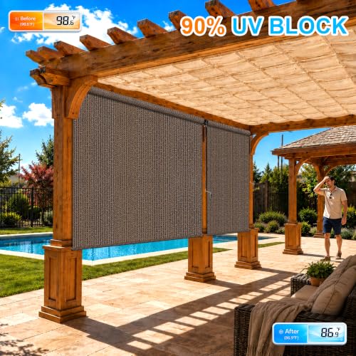 Mocha Outdoor Roller Shades 8' W x 8' H - Cordless Sunblock & Privacy Screen