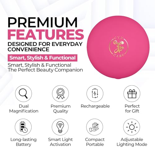Cyn Care Hot Pink LED Travel Makeup Mirror with 1X/5X Magnification, 3 Light Modes & USB Rechargeable