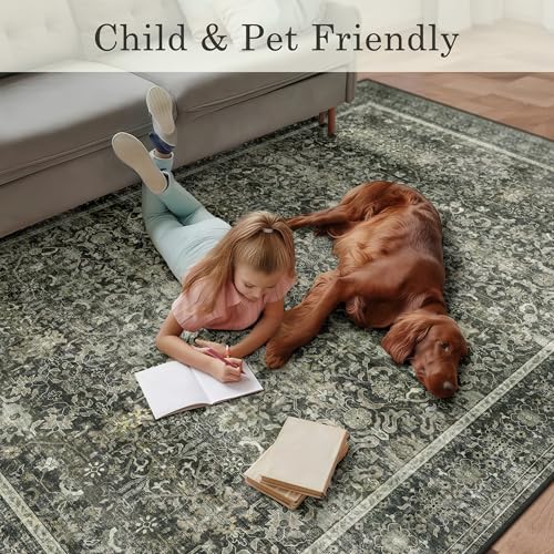 Neigeluo 8x10 Green Area Rug - Washable Vintage Persian Design, Non-Slip Indoor Carpet for Living Room & Bedroom