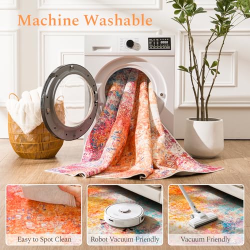 Rainbow Washable Area Rug 8x10 - Soft, Non-Slip Living Room Carpet - Colorful Abstract Design - Kid & Pet Friendly