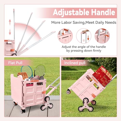Pink Foldable Utility Cart with Telescopic Handle and 360° Swivel Wheels - Portable Shopping Dolly, Stair-Climbing, Magnetic Lid - PinkPro