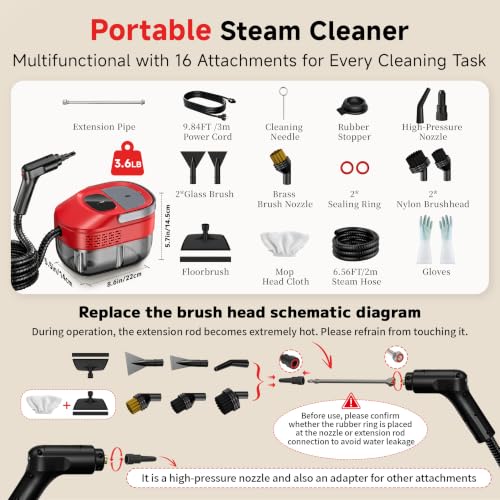 Steam Cleaner with 54oz Water Tank & 16-Piece Home & Car Cleaning Set - Red