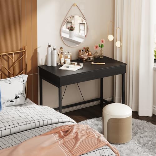 39.4 Inch Small Black Desk with 2 Wooden Drawers - Home Office, Vanity & Study Table