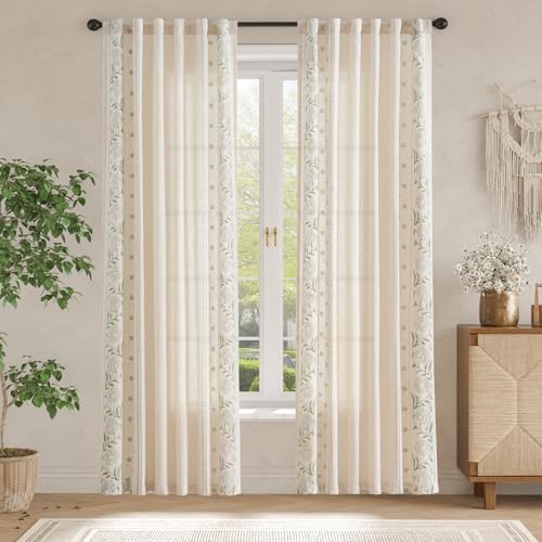 Jinchan Sage Floral Linen Curtains 50"W x 84"L, Pack of 4, Back Tab, Vintage Style