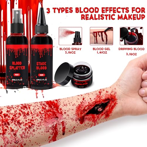 Halloween Fake Blood Makeup Kit, Blood Spray 2.1oz + Dripping 2.1oz + Coagulated 1.41oz(3PCS), Washable Realistic SFX Makeup for Cosplay, Clothes, Vampire, Zombie, Scary Clown