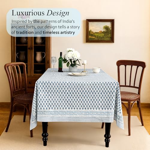 CPC Apatite Blue Hand Block Printed Cotton Rectangular Tablecloth 70x118 Inch