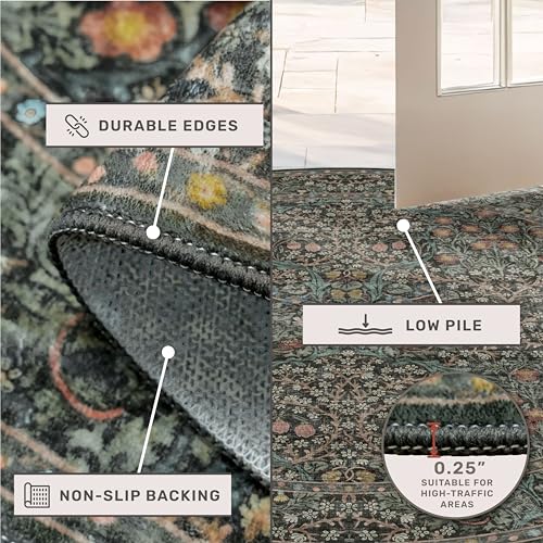 6ft Dark Green Round Vintage Floral Area Rug - Washable, Non-Slip, Pet Friendly