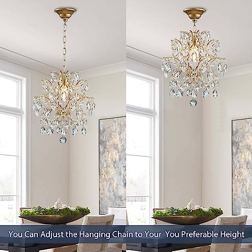 Bestier Gold Modern Pendant Chandelier with Crystal Raindrops - D13" x H16" Ceiling Light for Dining & Living Room