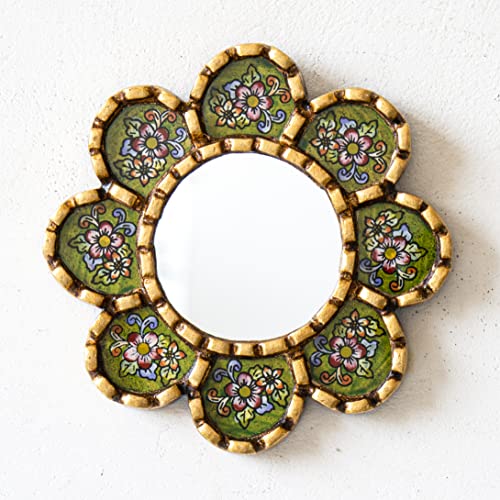 Small Green Mirror 6in for Wall Decor | Peruvian Hand Painted Glass Mirror with Gold Leaf Finish | Handmade Round Mirror for houswarming