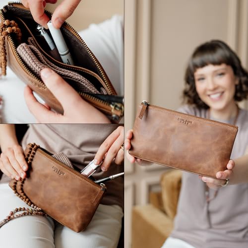 BERLINER BAGS Genuine Leather Makeup Bag Anna, Cosmetic Bag for Purse, Travel and Cosmetics Pouch with Zipper for Women (Camel, S)