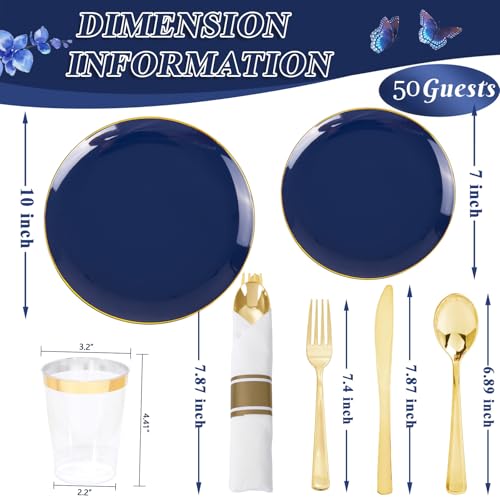 KIRE 350Pcs Blue and Gold Disposable Dinnerware Set - Heavy Duty Plates, Cups, Napkins & Silverware for Parties