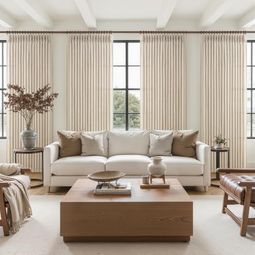 Natural Pinch Pleated Linen Curtains 96 Inches Long - Set of 4, Light Filtering, Rustic Sheer Drapes, Back Tab Design