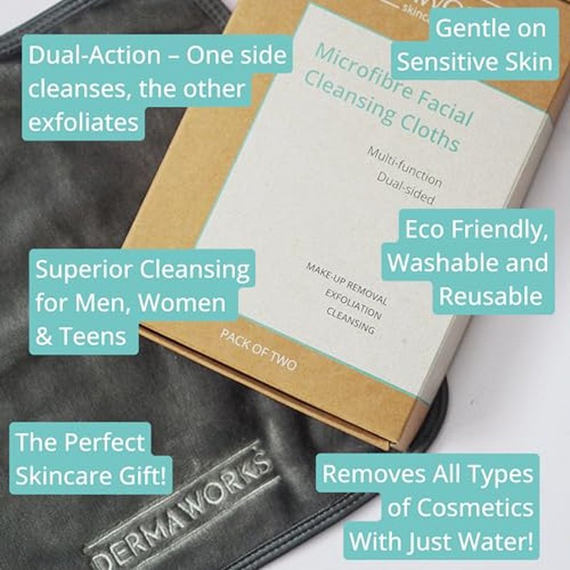2x WASH CLOTHS LUXURY DUAL-SIDED - Exfoliating Washcloths/Makeup Remover Cloths - Soft Face Cloth/Wash Cloth - Washable & Reusable Microfiber Quick Dry Towel - Toallas para la Cara by DERMAWORKS
