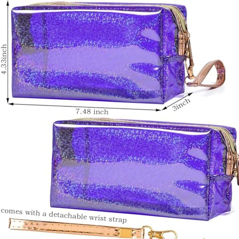 4Pcs Clear Makeup Bag Cosmetic Organizer Case Waterproof Travel Toiletry Bag with Handle, PU Makeup Bag Zipper Pouch Travel Cosmetic Bags for Women Accessories (Blue+Pink+Silver+Purple)
