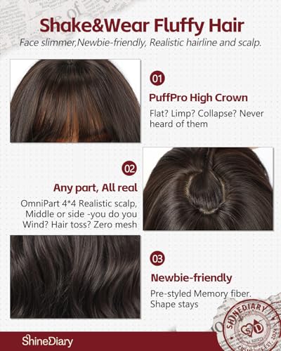 Dark Sandalwood Brown Wavy Wig with Bangs - 22 Inch Voluminous High Crown Synthetic Hair - Realistic Scalp, Adjustable Fit, Office & Casual Styles - Variation: Dark Sandalwood Brown