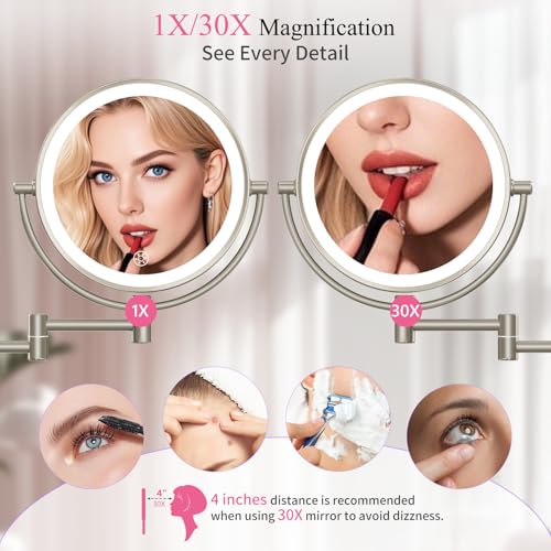 Wall Mounted Makeup Mirror with Lights, 30X/1X Double-Sided Magnifying, Plug-in Lighted Vanity Mirror with 3 Color Modes, Dimmable Brightness, 360¡Æ Swivel Extendable Arm for Bathroom & Grooming