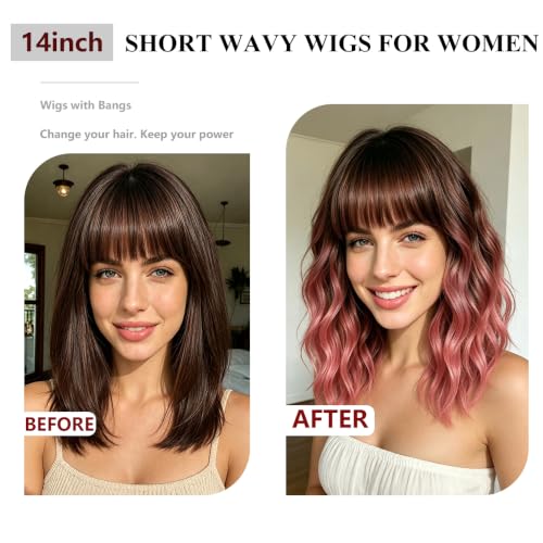 Ombre Pink Wig with Bangs - 14 Inch Short Wavy Curly Bob Hair for Women (Variation: Ombre Pink)