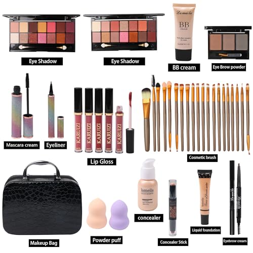 All in One Makeup Kit with Eyeshadow Palette, Lip Gloss & Brushes – DA112 Variation