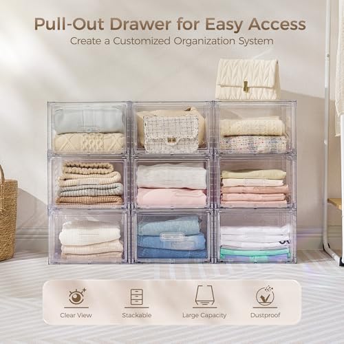 Stackable Closet Storage Drawers - Clear Plastic Organizer Bins, 15QT, Set of 8