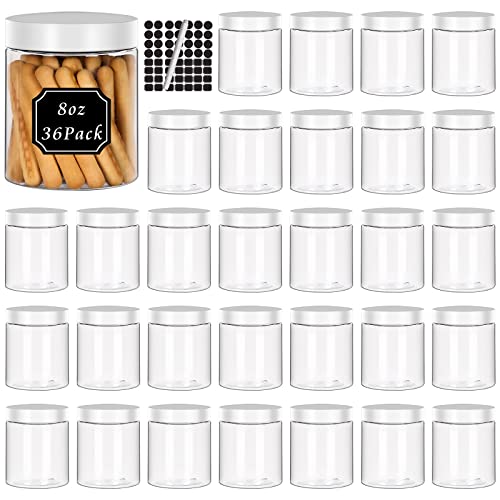 8 oz Plastic Jars with White Screw Lid - Refillable Food Storage Set, 36 Pack