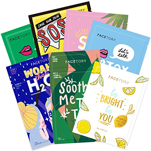 FACETORY Calming Glow Oats Facial Oil & Best of 7 Sheet Mask Bundle - Nourishing Facial Oil for Soothed and Hydrated Skin - 7 Sheet Mask Set for Radiant and Plump Skin