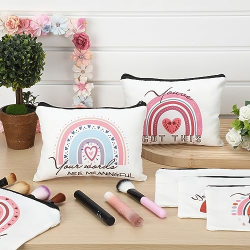 Hillban 64 Pcs Rainbow Canvas Makeup Bag Bulk Boho Women Gifts 32 Rainbow Travel Toiletry Makeup Pouch with 32 Inspirational Keychains for Coworker Employee Party Favor