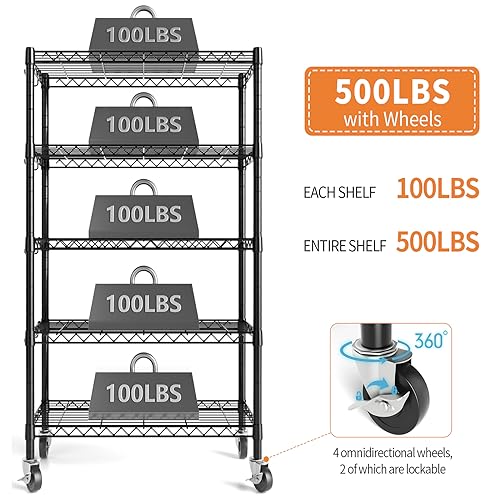 Hodonas 5-Tier Heavy Duty Wire Shelving 1900 lbs with Rolling Wheels, 36W x 14D x 75H