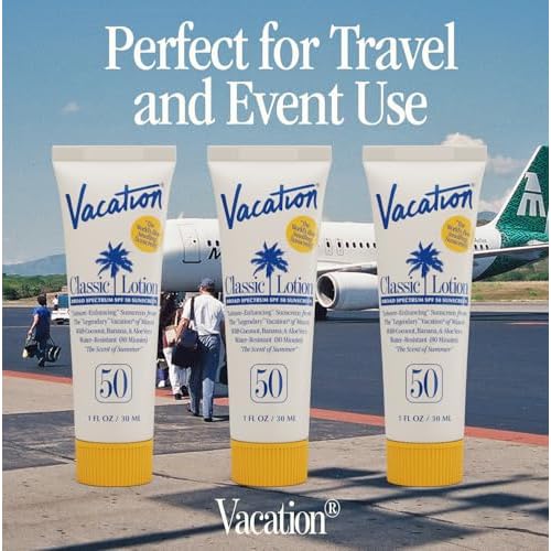 Vacation Mini Classic Lotion SPF 50, Water-Resistant, Mini Sunscreen Bulk Party Favor, Beach Must Haves, Traveling Essentials, Suntan Lotion Travel Size, 1 Fl. Oz. (Value Pack of 12)