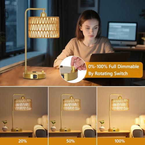 Gold Boho Lamps Set of 2 with USB Charging Ports & AC Outlet - Dimmable Table Lamps