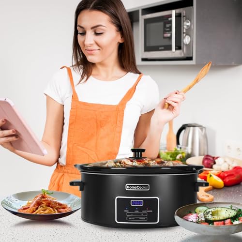 HOMECOOKIN 8 Quart Programmable Slow Cooker - Black Stainless Steel, Family Size Kitchen Appliance