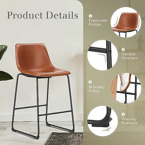 Counter Height Bar Stools Set of 2 - Warm Brown Faux Leather & Metal