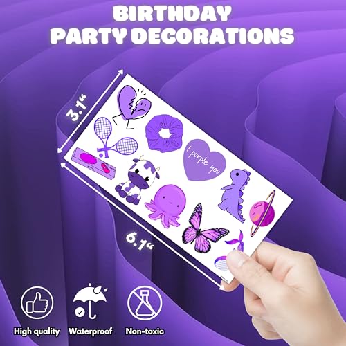 Cute Purple Temporary Tattoos Dark Purple Birthday Party Decorations Favors Supplies Violet Themed Cute Stickers 10 Sheets 100 PCS Gifts for Baby Girls Boys Decor Class School Carnival Christmas