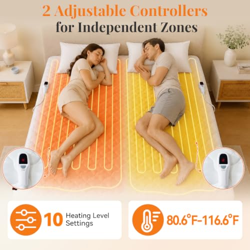 Queen Size Heated Mattress Pad with Dual Controls - Auto Shut Off & Fast Heating - White