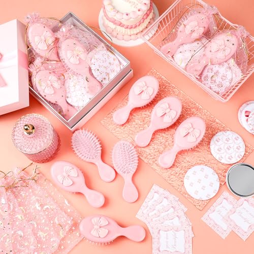 Pink Bow Theme Party Favors Set - Mini Hair Brush Mirror & Cards, 48 Pieces - Cute & Portable
