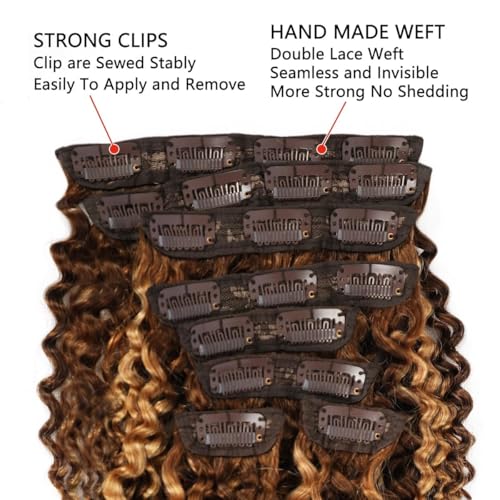 Highlight P4/27 Dark Brown to Honey Blonde Kinky Curly Clip-In Hair Extensions 14 Inch - 8Pcs, Human Hair, Brazilian Remy, Double Weft