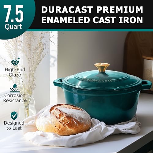 7.5 Qt Enameled Cast Iron Dutch Oven - Heavy-Duty Braiser with Lid, Emerald