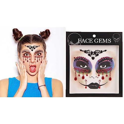 Halloween Face Gems Jewels,Day of the Dead Skull Spider Web Clown Rhinestone Face Tattoo Stickers for Men Women Kids Halloween Cosplay Makeup