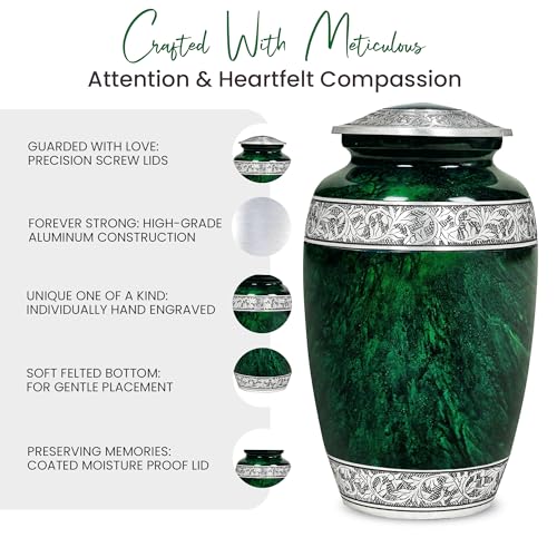 Large Hand-Engraved Green Marble Cremation Urn for Adults with Ash Pendant & Velvet Bag - 220lbs Capacity