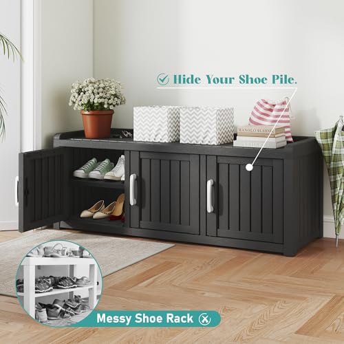 3-Door Waterproof Shoe Storage Cabinet with Adjustable Shelves - Black