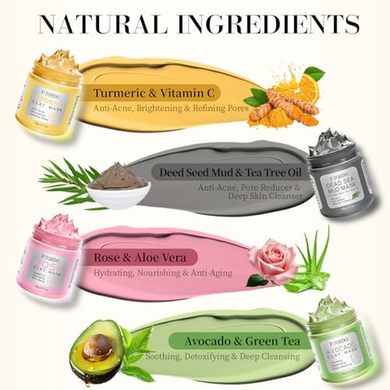 4 Pcs Clay Mask for Face(360g in total), Turmeric Vitamin C, Dead Sea Mud, Green Tea, Avocado, Rose, Facial Clay Mask Set, Face Mask Skin Care, Facial Skin Care Gifts Set for Her, 3.17 Oz Each