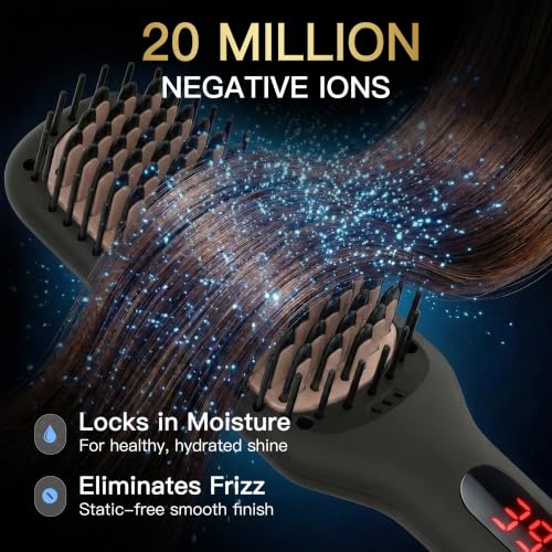 Black Ceramic Ionic Hair Straightener Brush - Fast Heat Up, Dual Voltage