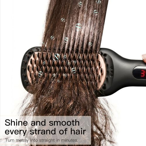 Black Ceramic Ionic Hair Straightener Brush - Fast Heat Up, Dual Voltage