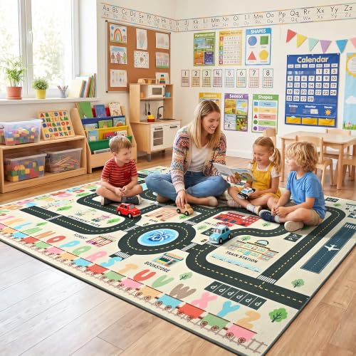 Kids Play Rug 6x9 ft Road Car Track Playmat - Non Slip Washable Toddler Carpet - White Variation