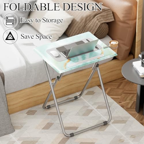 Sea Blue Marble Folding TV Tray Table Set of 4 - Portable Snack & Dinner Tables