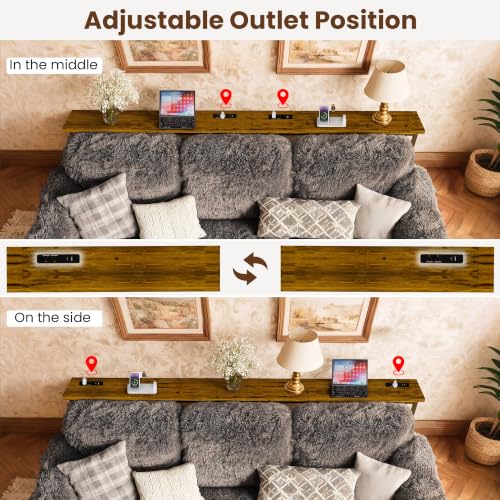 102 Inch Narrow Sofa Table with Power Outlets - Rustic Brown, Extra Long Console Behind Couch