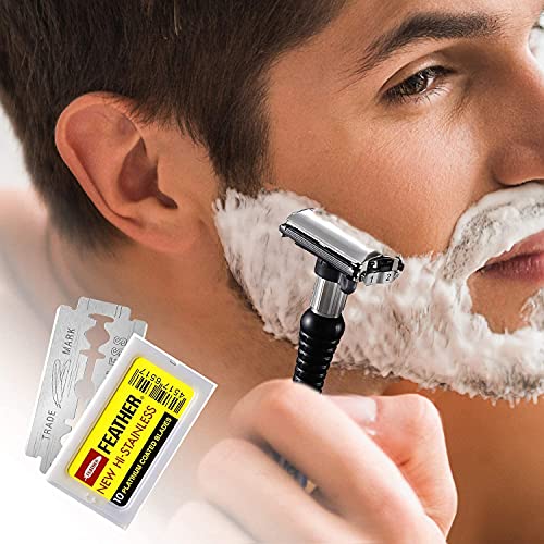 Feather Double Edge Safety Razor Blades - Pack of 50 - Platinum Coated Hi-Stainless Steel - Fits Most Razors - Sharp & Japanese Quality