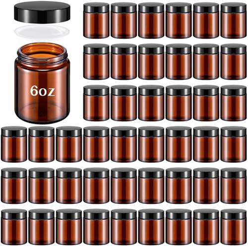 Domensi 48 Pcs 6oz Glass Jars with Lids Leakproof Round Airtight Empty Cosmetic Jars with Inner Liners Lid for Storing Lotions Spices Ointments Candle Making Food Storage (Amber)