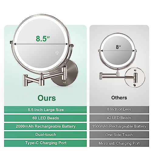 Rechargeable Wall Mounted Makeup Mirror Brushed Nickel, 8.5'' Magnifying Mirror with Lights Double-Sided 1X/10X 360¡Æ Rotation Extension Bathroom Shaving Mirror with Foldable Arm
