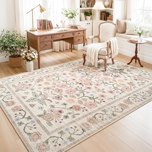 Pink Floral 6x9 Area Rug for Living Room & Bedroom Non-Slip Faux Wool
