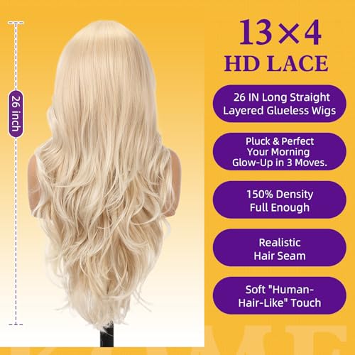 Dofami Lumi Blonde 13x4 Synthetic Lace Front Wig with Middle Part - Blonde #R10119, 26 Inch, Glueless, Natural Look